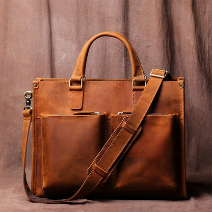 Vintage Cowhide Leather Men's Handbag Business Briefcase